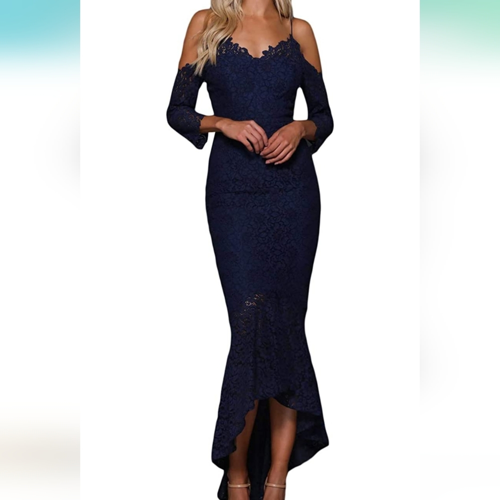 Women's Navy Blue Lace Elegant Formal Evening Cocktail Dress V-Neck Maxi Mermaid